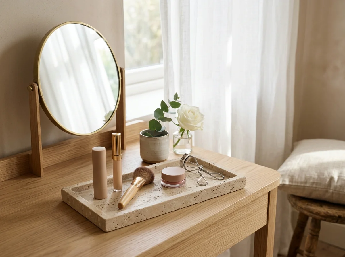 Penteadeira minimalista com produtos essenciais para make de 5 minutos para o dia a dia
