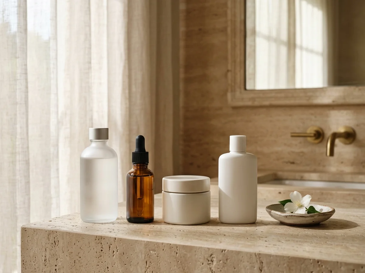 Frascos alinhados demonstrando a ordem correta de aplicação dos produtos de skincare