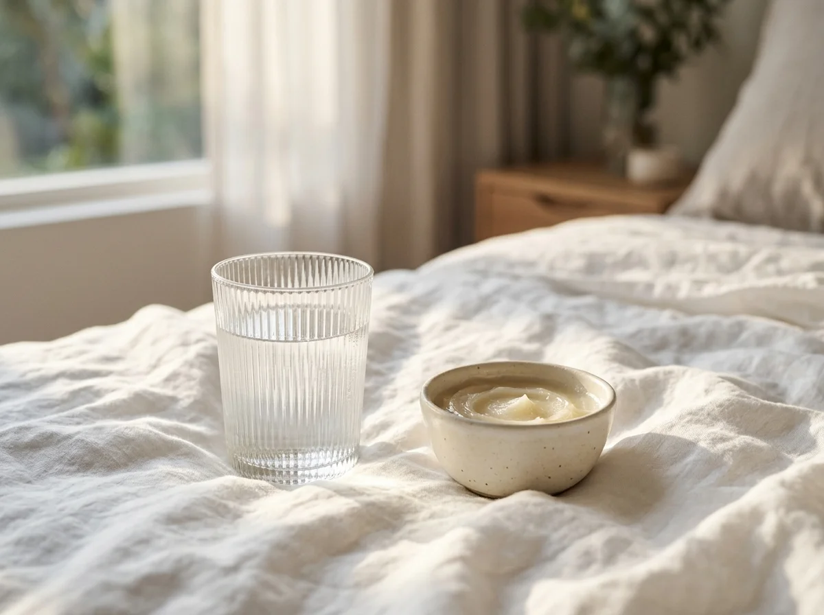Sono, água e pele - copo de vidro canelado com agua pura e ceramica de autocuidado